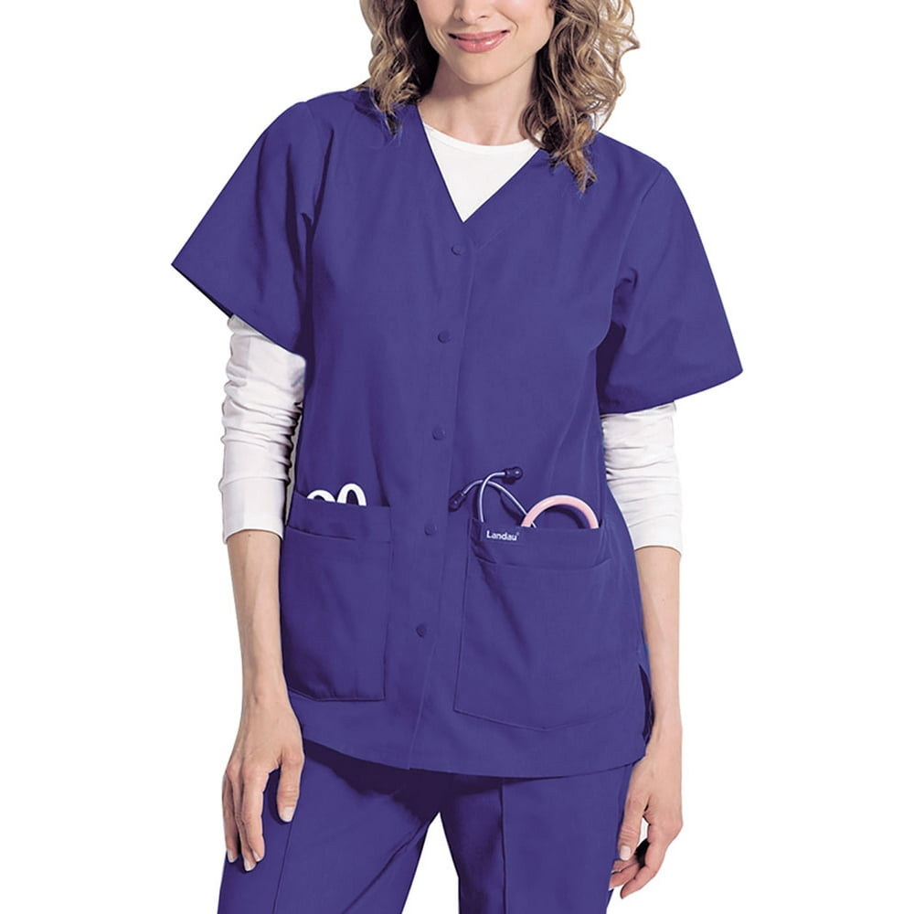 Landau landau women's short sleeve snap front scrub top, grape, 5x