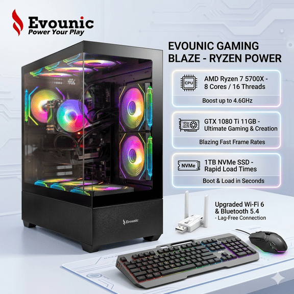 Gaming PC Desktop Computer – Ryzen 7 5700X up to 4.6GHz, GTX1080 Ti 11GB, 32GB DDR4 RAM, 1TB NVMe SSD, Wi-Fi 6 & Bluetooth 5.4, 9× ARGB Fans, 650W PSU, Windows 11 Pro, RGB Keyboard & Mouse