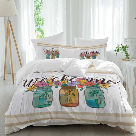 Farmhouse 4 piece Duvet Cover Set, Comfort Bedding Set California King Size Include a Duvet Cover, a Bed Sheet, 2 Pillowcase with Zipper for All Season