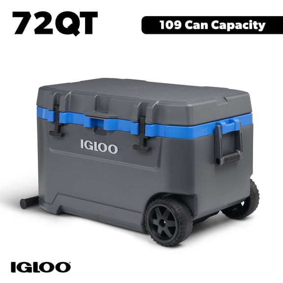 Igloo 72 QT Overland Ice Chest Cooler with Wheels, Gray and Sneaky Blue