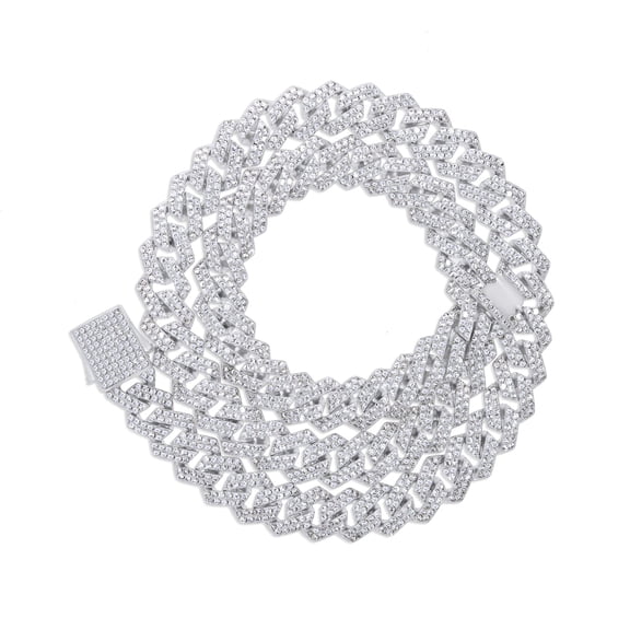 15.25 Ct Lab Created Moissanite Diamond 12MM Width Cuban Link Chain Necklace In 14K White Gold Over Sterling Silver 16" Length(Color G-H,Clarity VVS1)