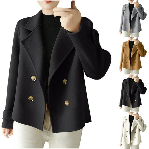 Hvyesh Cropped Trench Coat for Women Long Sleeve Double Breasted Jackets Notched Lapel Casual Jacket with Pockets