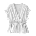 thumbnail image 3 of Camisa de mujer Cuello en V Manga corta Blusa de rayas con volantes Top casual, Blanco, 3XL Methold AP001462-05, 3 of 7