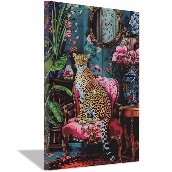 Mudket Framed Cheetah on Pink Chair Canvas Wall Art, Maximalist Floral Animal Print Wall Decor, Ready to Hang for Living Room - 12"L x 8"W