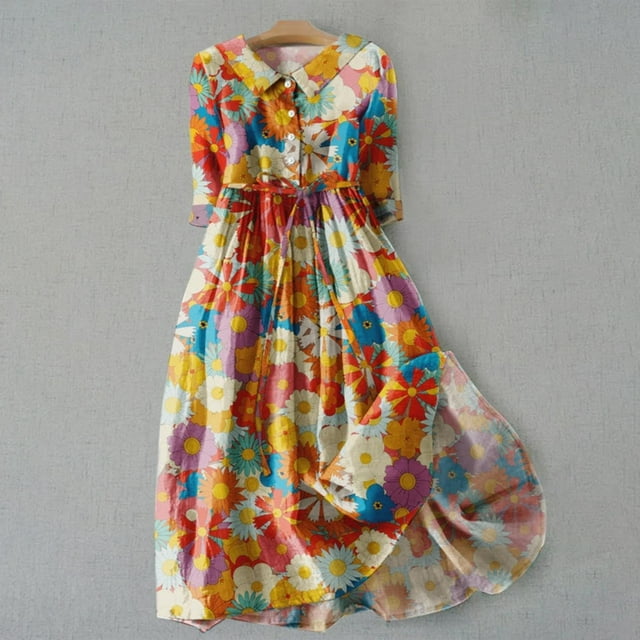 Fartey Robes d'Été pour Femmes Mode Imprimé Floral Coton Lin Robe Midi Été Décontractée Manches 3/4 Taille à Cordon Robe Décontractée Fluide Col à Revers Légère Vacances Robes d'Été