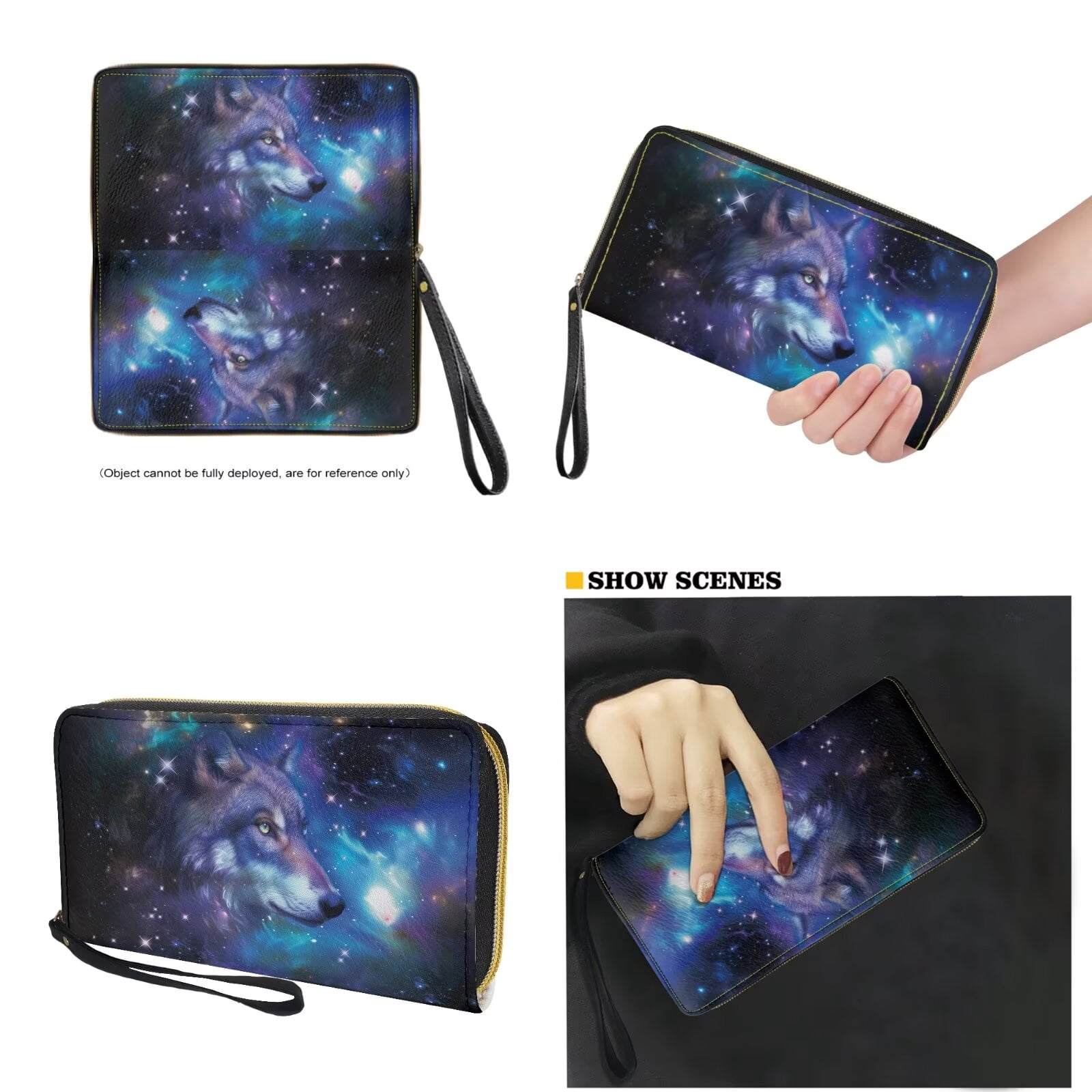 TSOVTHRID Wolf Star Galaxy Print Womens Handbag with Matching Wallet Large Shoulder Tote Bag Top Handle Purse Black Blue PU Leather Clutch Purse Satchel Handbag for Women