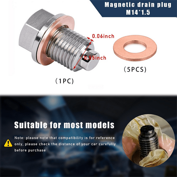 M14 X 1.5 Magnetic Oil Drain Plug, Sump Drain Nut Bolt with 5 Crush Washer Gaskets,Leak-Proof Oil Drain Plug Replacement
