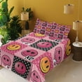 thumbnail image 2 of Ambesonne Emoji Fitted & Top Sheet Set with Shams, Pop Art Smiling Faces XO Art, Pastel Pink Mustard Black, 2 of 5
