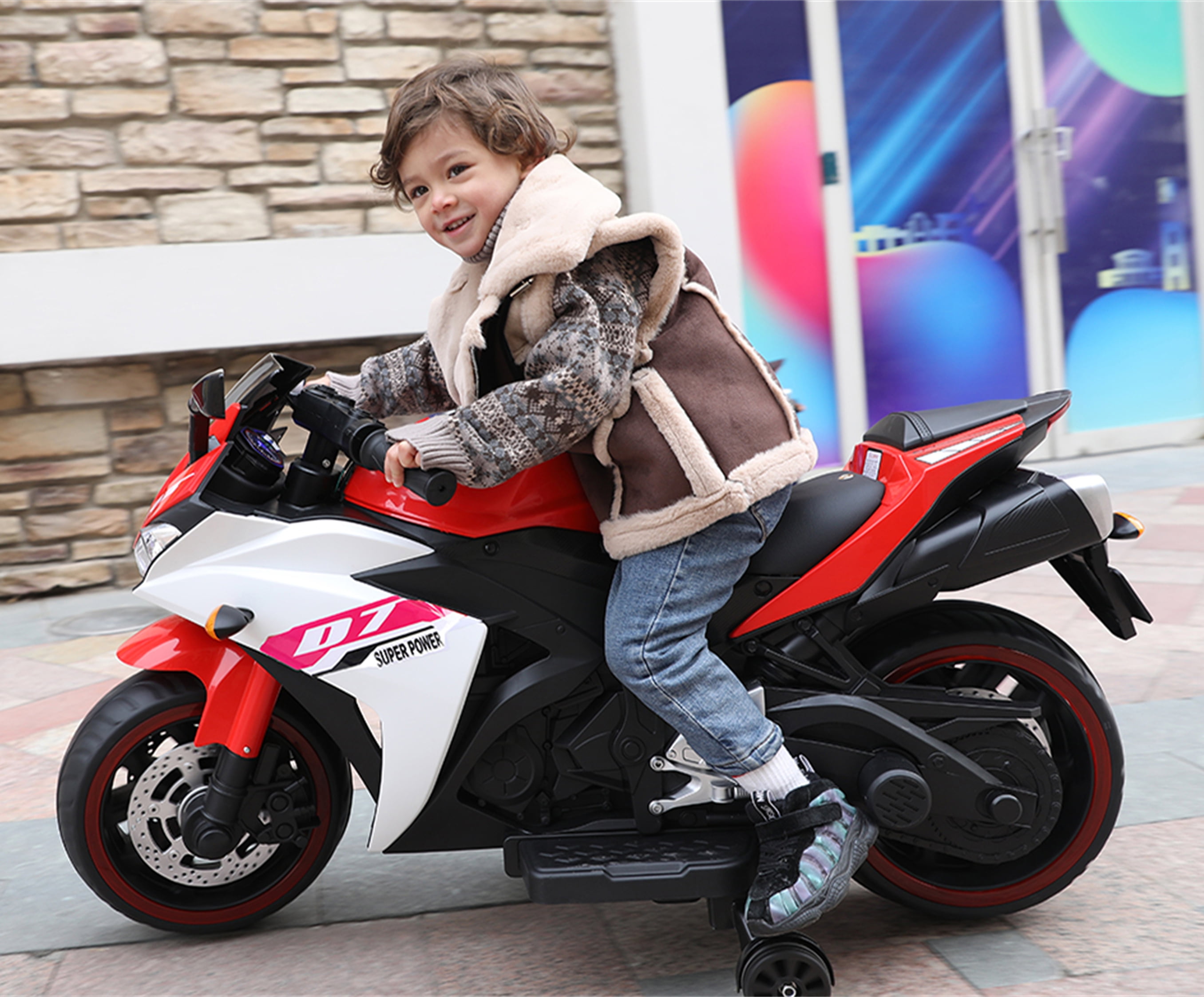 TAMCO Ride On Motorcycle Kids Electric Ride-On Toy With Training Wheels, Manual Throttle, And Lighting Wheels