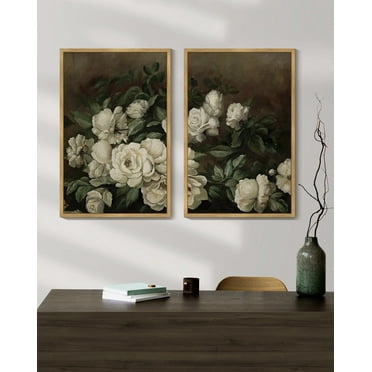 Drsoum Vintage Flower Wall Art 16x24in Natural Framed White Rose Floral Classic Wall Prints Modern Farmhouse Dining room Office Decor
