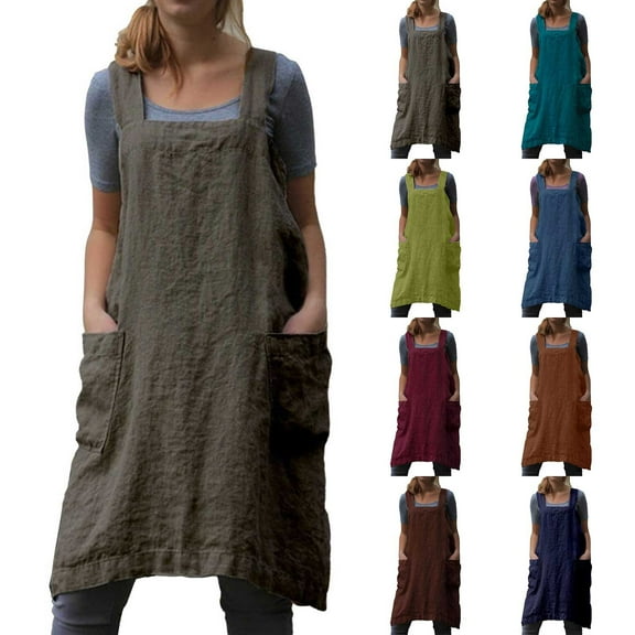 Women's Cotton Linen Apron Dress, Loose Fit Pinafore Work Dress with Pockets, Casual Homewear Garden Workwear Dress for Women, House Dress​-Navy