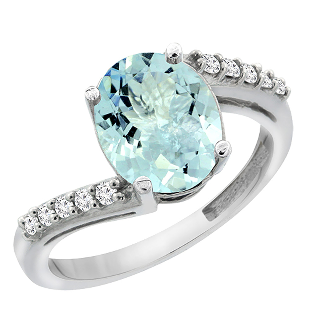 14K White Gold Diamond Natural Aquamarine Engagement Ring Oval 10x8mm, size 6 by Gabriella Gold