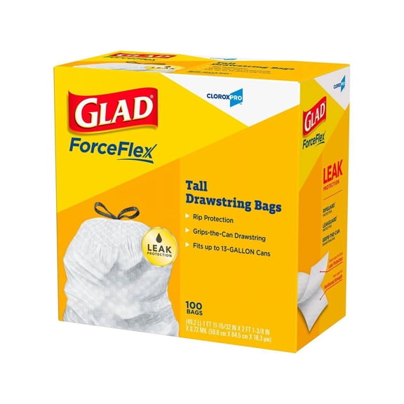 Glad Tall Kitchen Drawstring Trash Bags, 13 gal, 0.72 mil, 24" x 27.38", Gray, 100 Bags/Box, 4 Boxes/Carton CLO78526CT