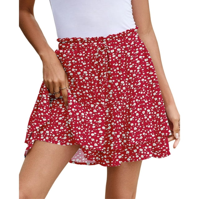 Pantalones cortos SimpleFun Y2K de chifón con volantes florales para mujer, color rojo