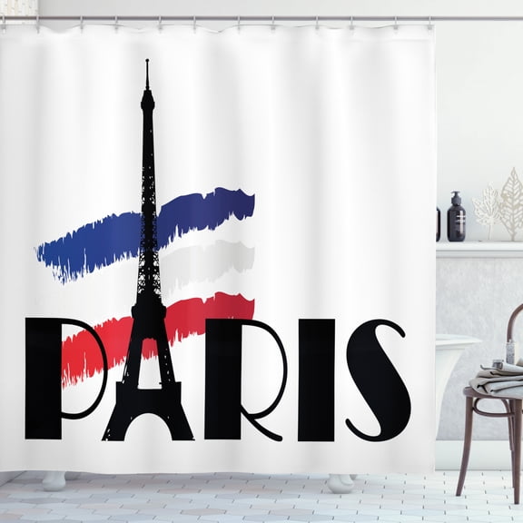 Ambesonne Hipster Shower Curtain, Paris Eiffel Tower Image, 69"Wx84"L, Black Navy Blue Red