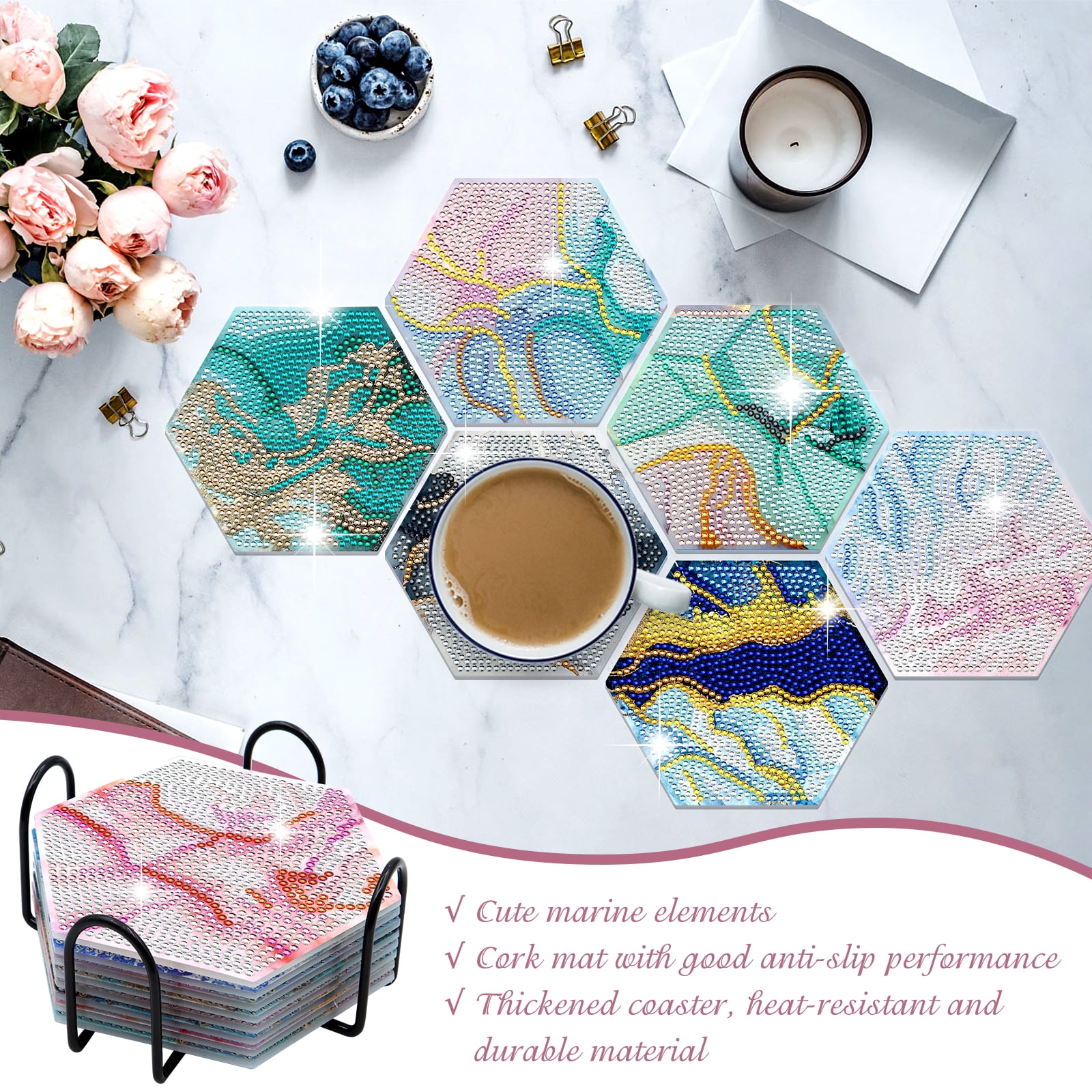 Yaomiao 8 Pcs Fall Diamond Painting Coaster Set with Holder DIY