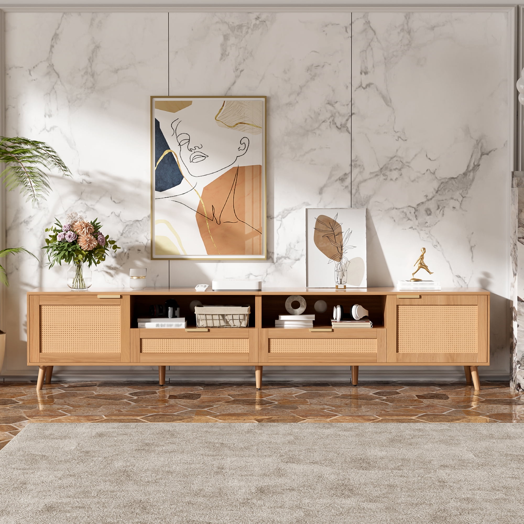 Euroco Rattan TV Stand for TVs up to 90'', Modern Farmhouse Media Console, Entertainment Center with Solid Wood Legs, TV Cabinet for Living Room, Bedroom