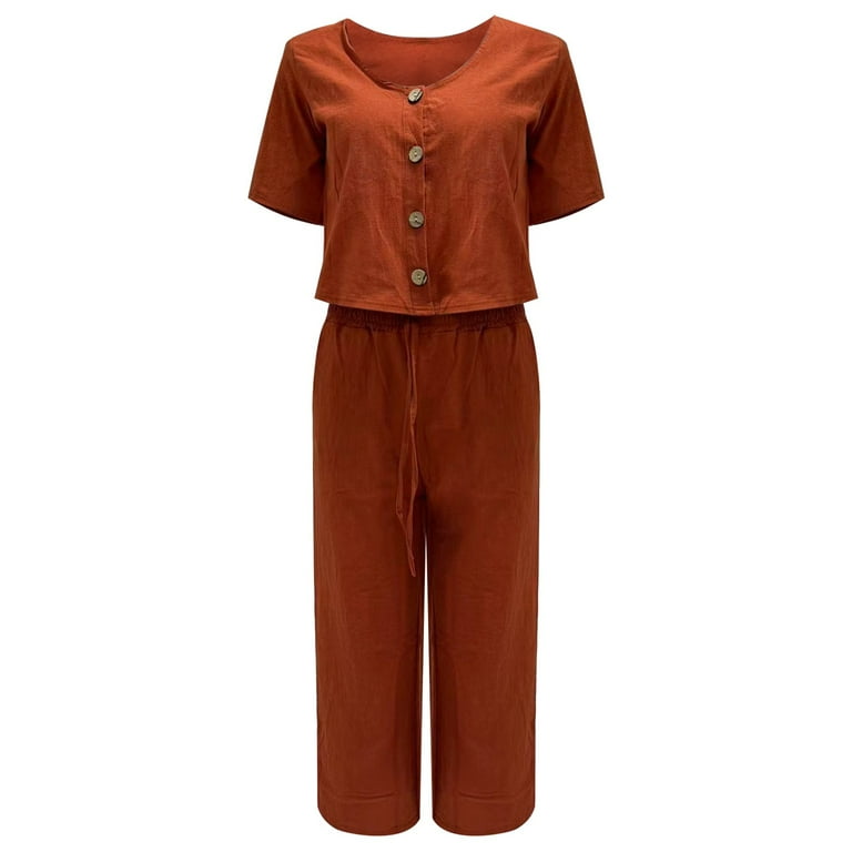 Petite Trouser Pants Women Women s Summer Solid Cotton And Linen Multi Button Fashion Top Short Sleeve Trousers Set Womens Overall Snow Pants Walmart