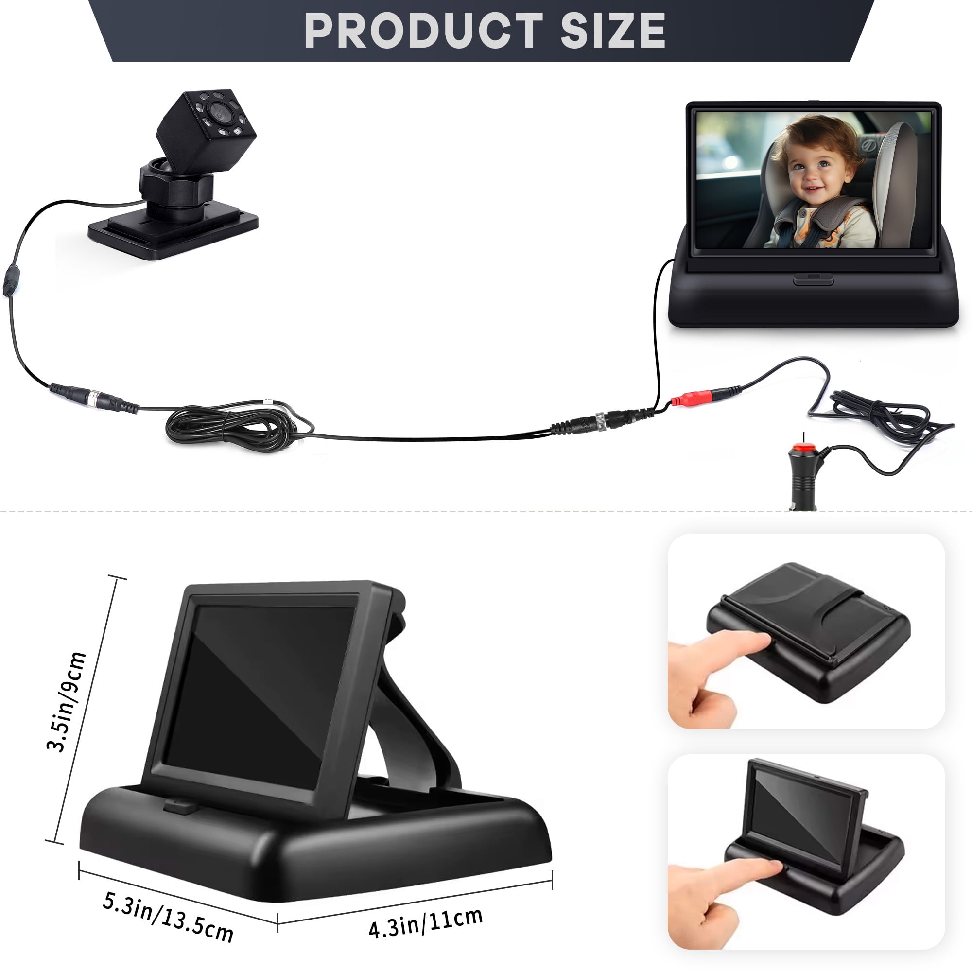 Baby Car Camera, HDJ 4.3'' HD Night Vision Function Car Mirror Display, 360° Adjustable Safety Car Seat Mirror Camera Monitored Mirror with Wide Clear View, Easily Observe Baby’s Move
