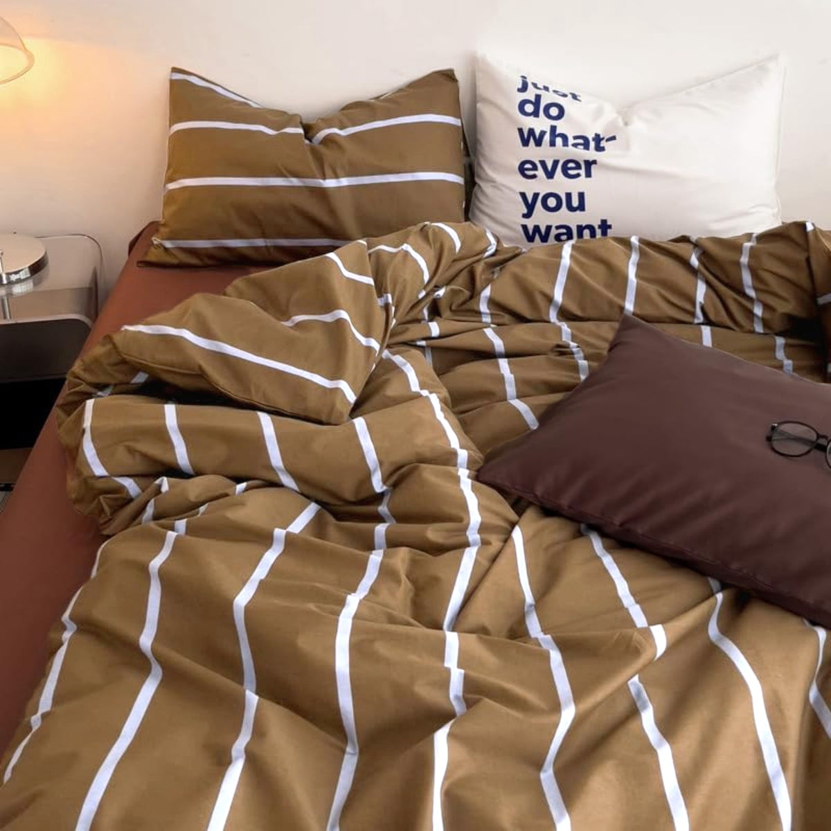 NAYOROOM Brown Blue Striped Duvet Cover Queen Set, 3-Piece Retro Vertical Ticking Stripes Breathable Comforter Cover