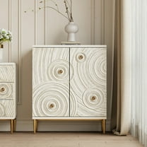 COZAYH Farmhouse 2 Door Embossed Storage Cabinet with Ring Motif, Distressed Boho Storage Buffet Cabinet for Bedroom, Living Room, French Country, White & Gold