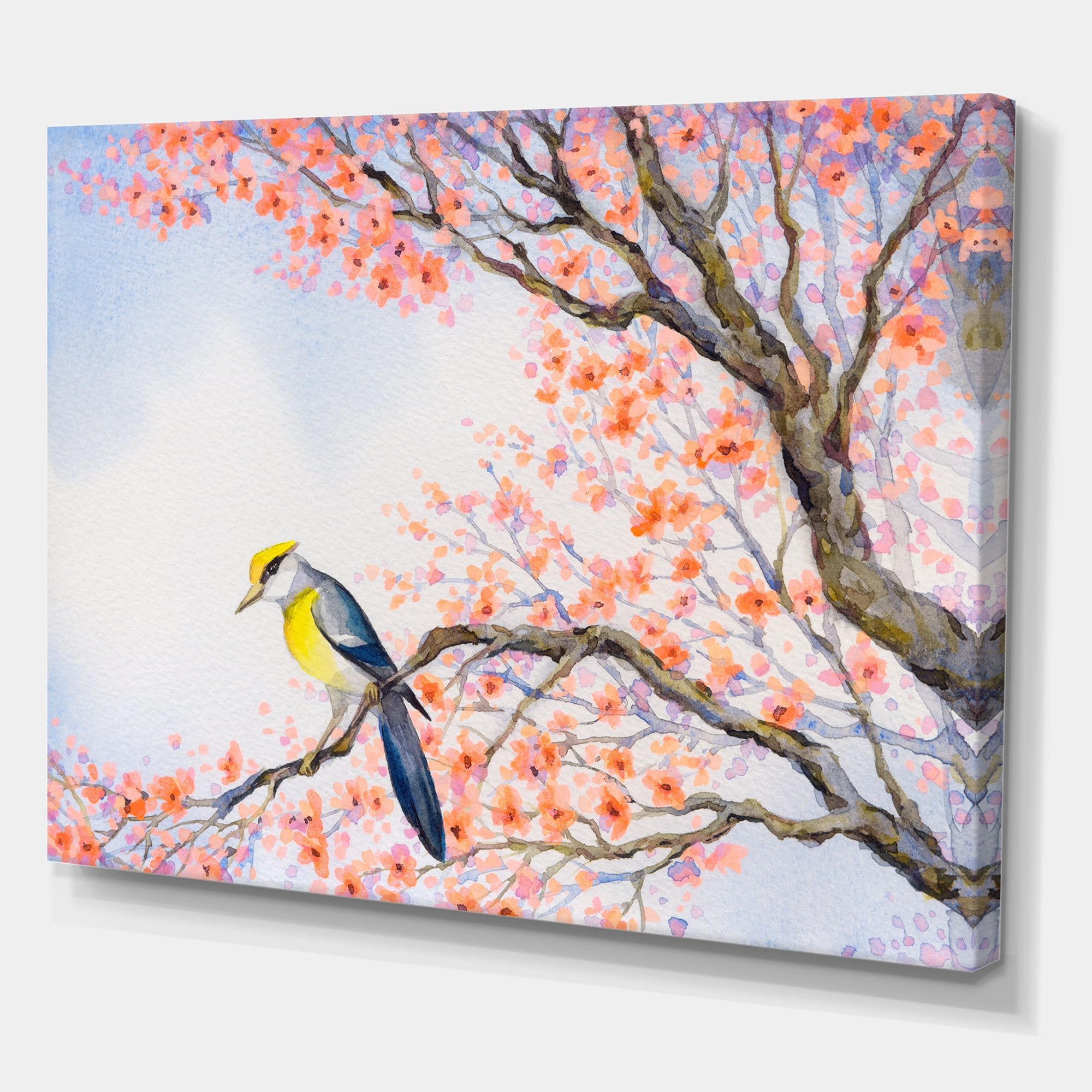 Designart ' Beautiful Blue Bird Sitting On Flowering Branch I ' Traditional Canvas Wall Art Print