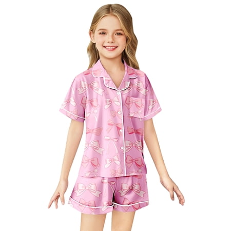 Toddler Satin Pajama Set Bowknot Printed 2 Piece Short Sleeve Button Down Top Shorts Set Kid Christmas Pajamas Cute Clothes for Girls 2-3 Years