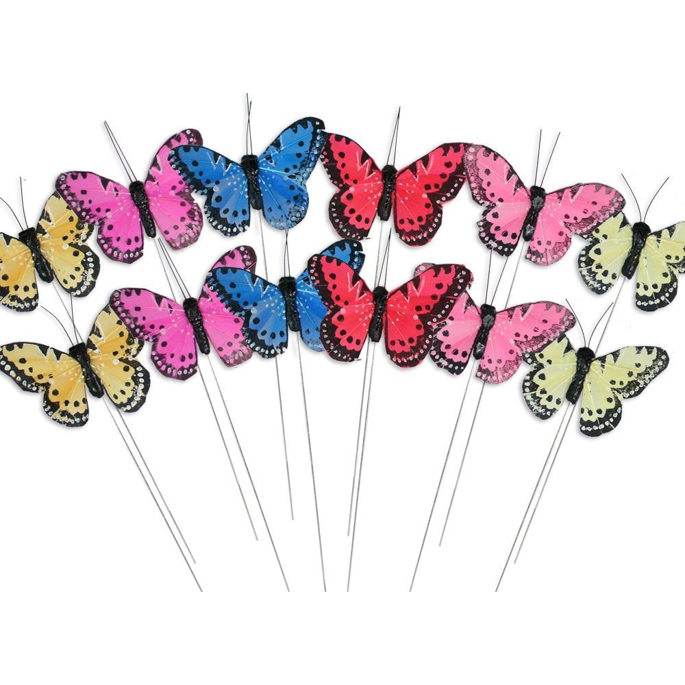 Craft Butterflies - Butterfly Floral Picks - Set of 12 Colorful Glitter