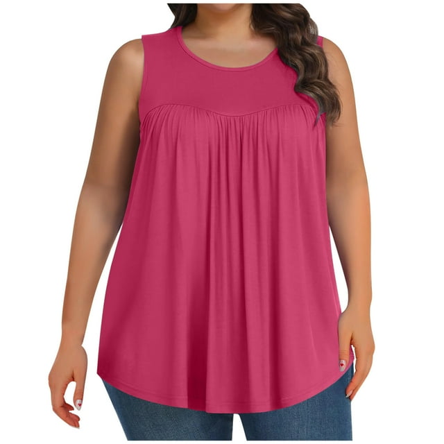 Timegard Womens Tank Top Plus Size Round Neck Ruched Loose Comfy Homewear Casual Solid Color Tee Blouse