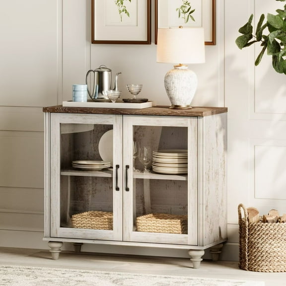 Rustic white Buffet Cabinet with Glass Door, Kitchen Storage Cabinets with Adjustable Shelf, 34 inch