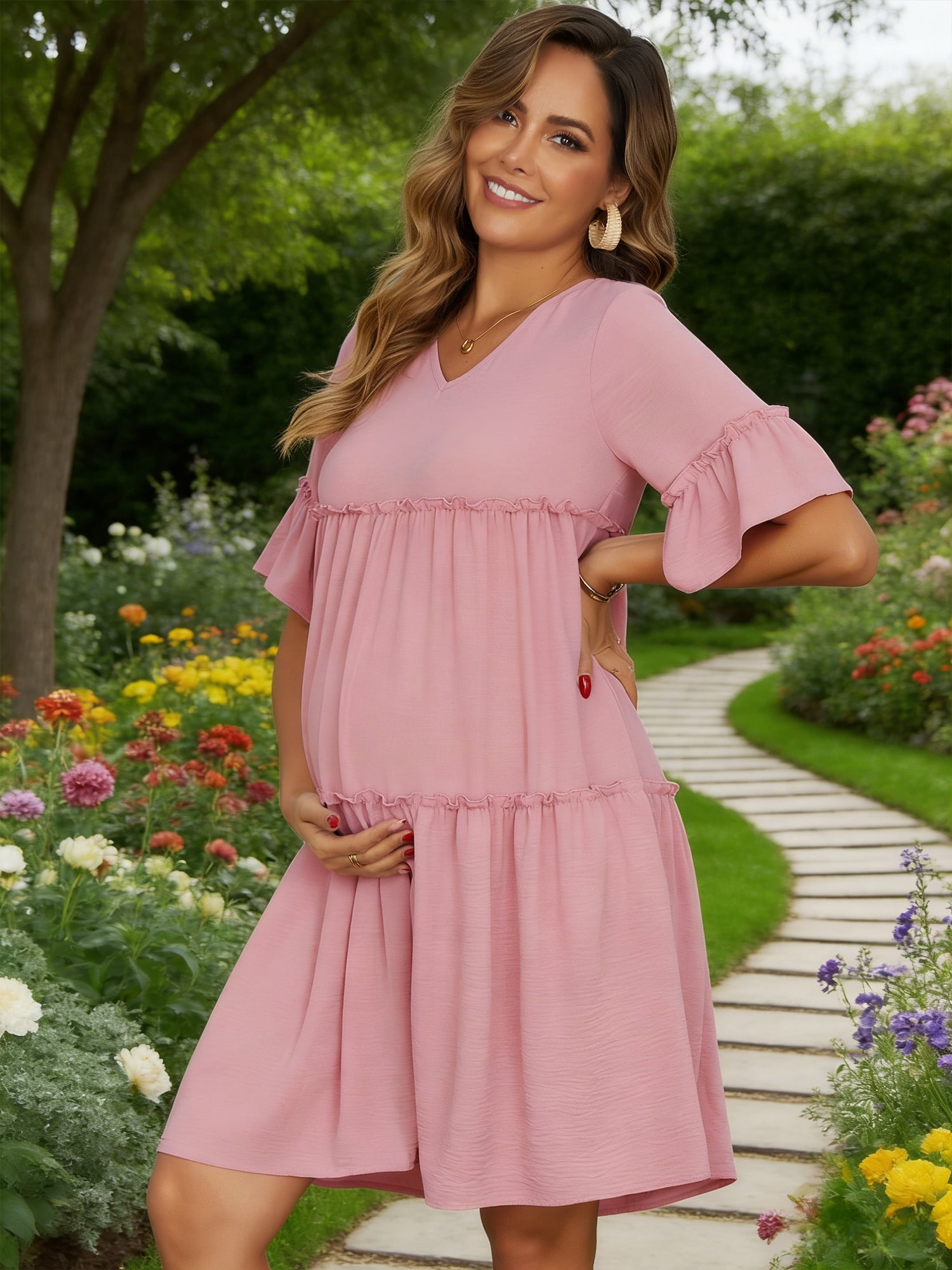 DARING DIVA Women's Maternity Ruffled Short Sleeve Tiered Fit Babydoll Dress M Pink