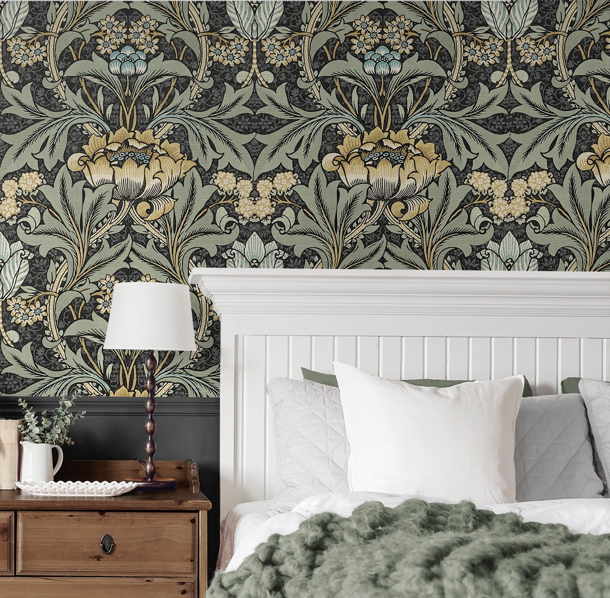 NextWall Charcoal & Goldenrod Acanthus Floral Peel and Stick Wallpaper