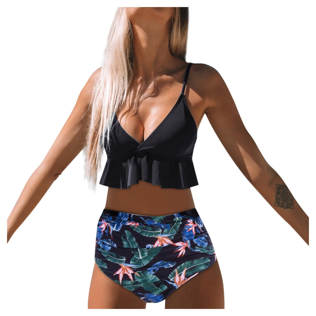 EUHDSSDE Women Ruffle Vrouwen Solid Print Badpak Backless Badmode Hoge Taille Bikini - Walmart.com