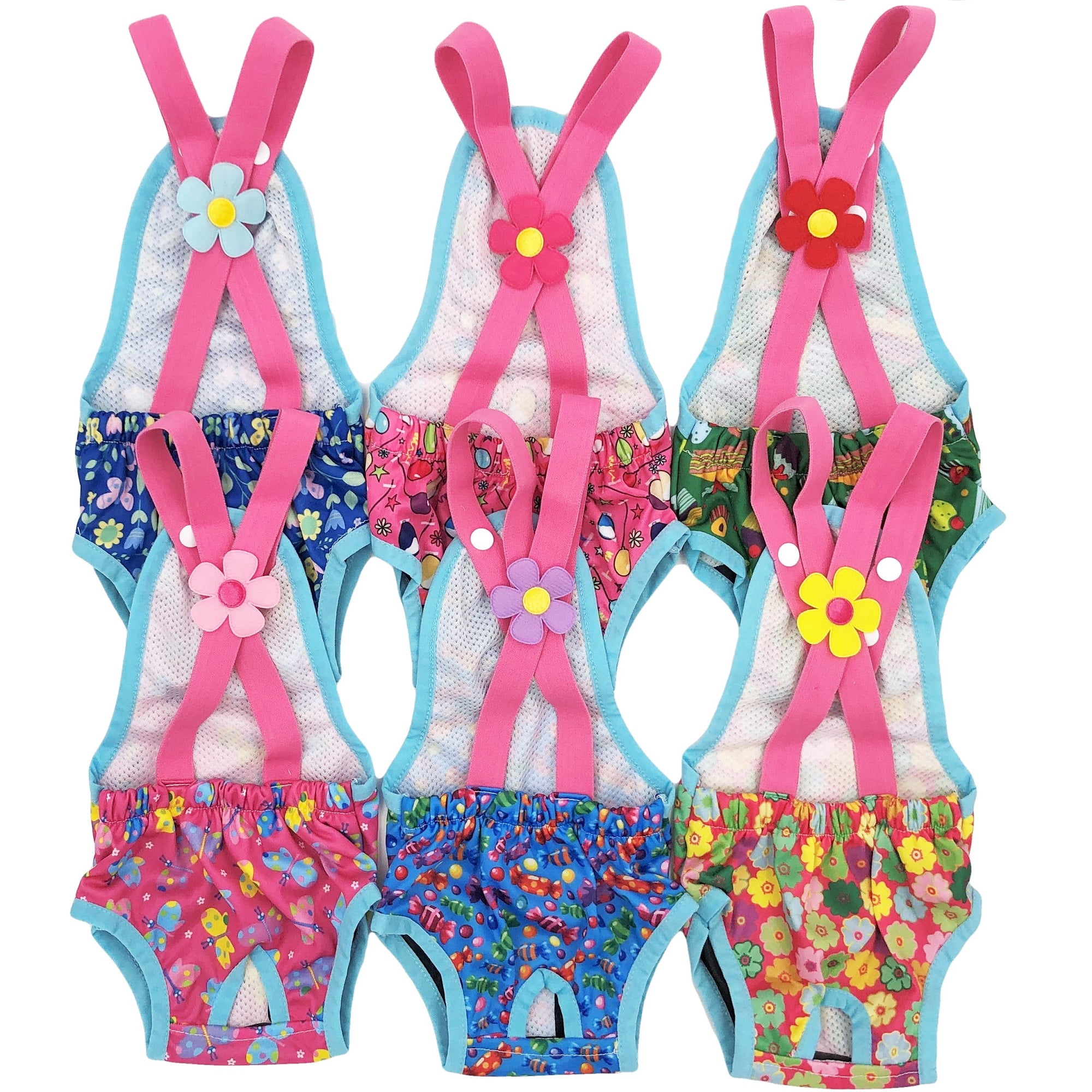 Pack of 6 Female Dog Diapers Sanitary Pantie Washable Reusable with Suspenders Stay On for Small Pet