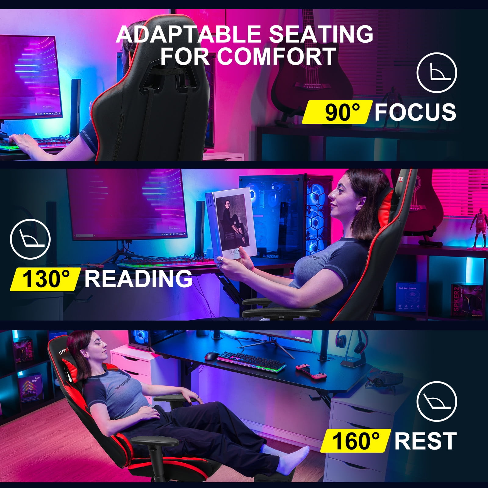 GTRACING Gaming Chair with Footrest Ergonomic Reclining Office Chair Swivel Rocker, Red
