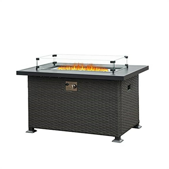 Propane Gas Fire Pit Table with Aluminum Tabletop for Outdoor, Auto-Ignition Firepits Rattan Fire Table 50,000 BTU, Gray