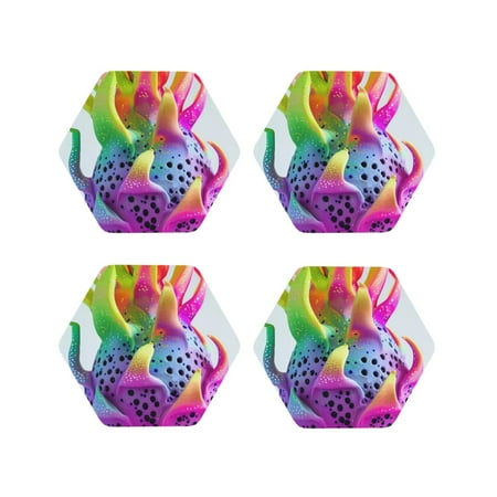 

Fuzoiu Colorful Glitter Dagon Fruit Print Leather Coasters Set Drink Coasters Set of 4 for Tabletop Protection Durable PVC Coasters Home Décor and Housewarming Gift-Hexagon