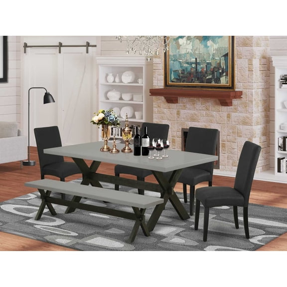 East West Furniture 6-Pc Dining -Black Linen Fabric Seat and High Stylist Back Padded Parson Chairs, A Rectangular Bench and Rectangular Top Dining Table with Wood Legs - Cement and Black Finish
