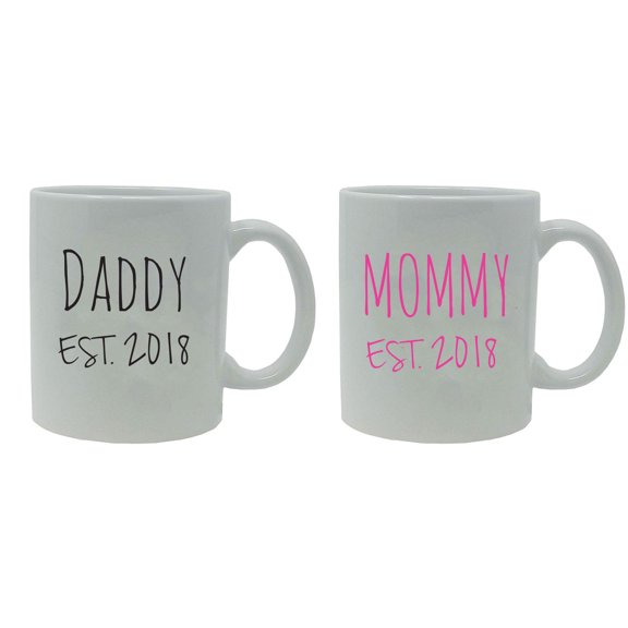 Daddy   Mommy Established EST. 2018 11-Ounce White Ceramic Coffee Mugs Set
