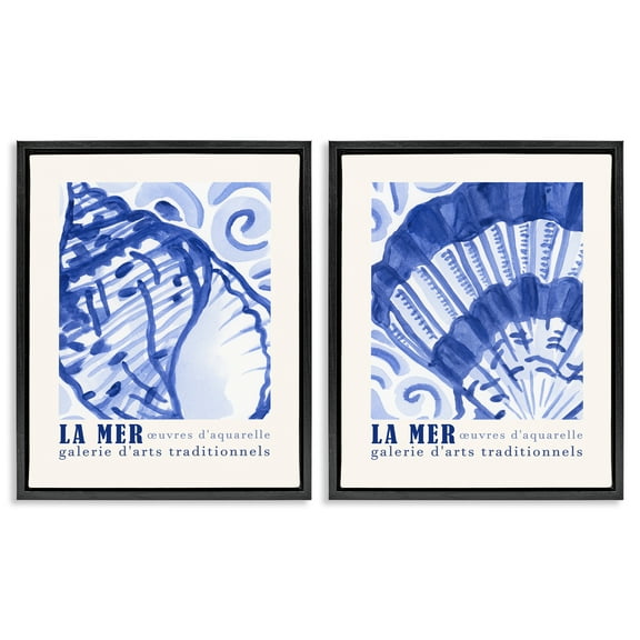 Stupell Industries Seashell Gallery Posters Nautical & Beach Painting Black Floater Framed Canvas Art Print Wall Art, 17 x 21, Set of 2
