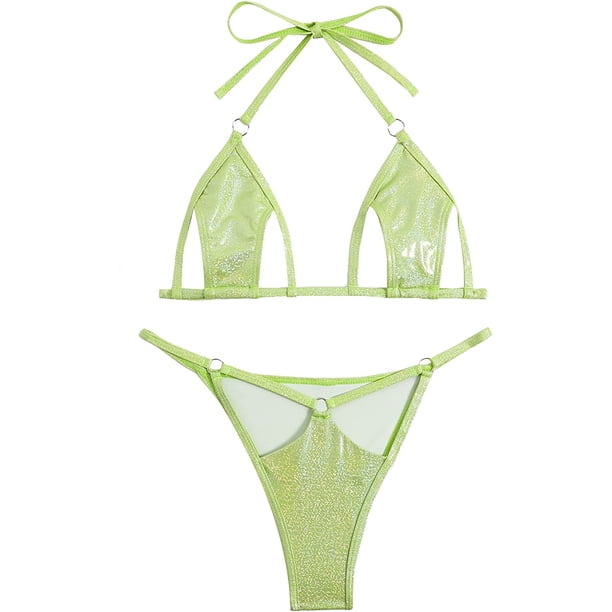 Conjunto de bikini metálico para mujer, traje de baño de microtriángulo, corte alto, tanga Verde lima M Verde lima M Xishao ropa