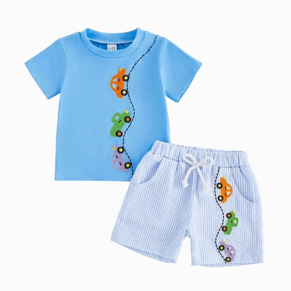 Xudanell Toddler Boy Summer Outfits Baby Boy Airplane Short Sleeves T-Shirt Plaid Shorts Set Infant Boy Clothes Set (12-18 Months,Blue)