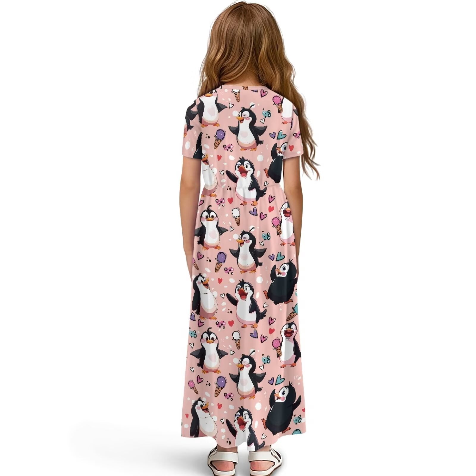 Uourmeti Girls Summer Maxi Dress Cartoon Penguin Print Short Sleeve Crew Neck Casual Loose Flowy Tiered Dresses with Pockets, Size 9-10 Years
