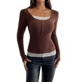 thumbnail image 3 of Lace Henley T-Shirts for Women Button Down Slim Fit Tops Long Sleeve V-Neck Tunic Top Blouse Brown XL, 3 of 9