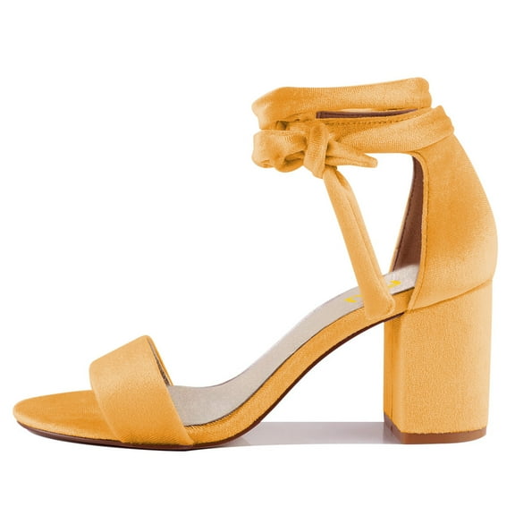 FSJ Women Classic Lace Up Round Open Toe Sandals Chunky Block High Heel Pumps Velvet Ankle Tie Comfort Party Dress Shoes Size 8 Orange