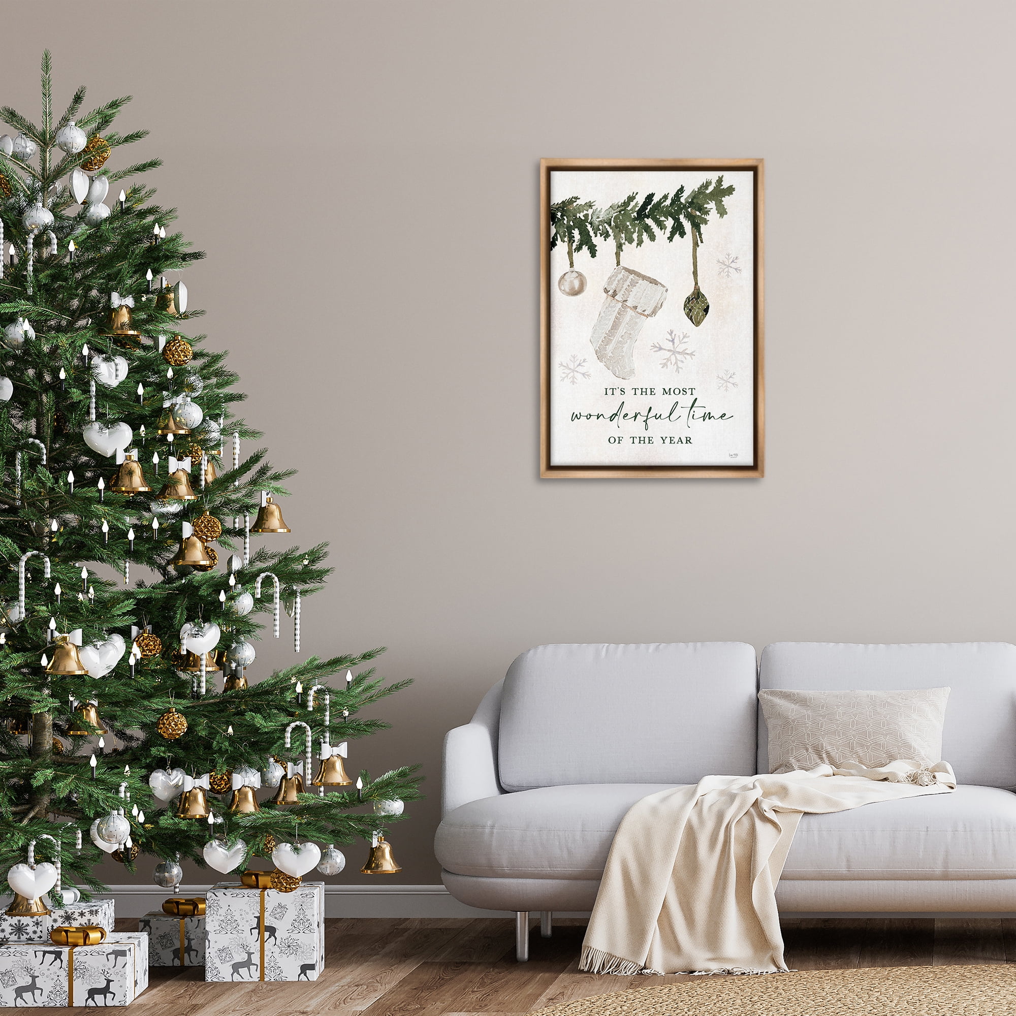 Stupell Industries Festive Hanging Stocking Holiday Painting Brown Floater Framed Art Print Wall Art, 21 x 31