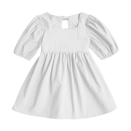

XIEULQP Summer Dress Toddler Girl s Print Ruffle Trim Round Neck Puff Sleeve Flared A Line Dress Flower Girl Dress White