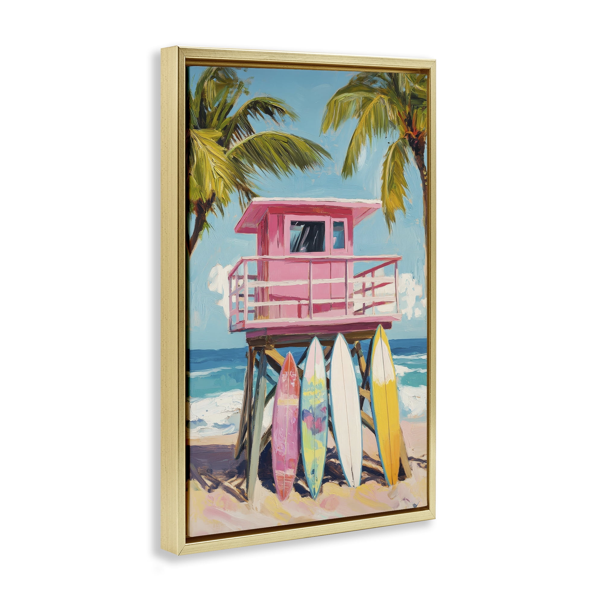 Stupell Industries High Pink Surf Shack Gold Framed Floater Canvas Wall Art, design by Petal Prints Design