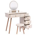 thumbnail image 4 of Resenkos Makeup Vanity Set with Round Mirror & Cushioned Stool, 5 Drawers Dresser Desk for Bedroom, White Oak, 4 of 11