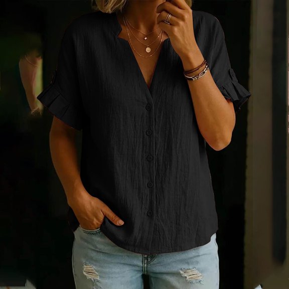 Women's Button Down Shirts Short Puff Sleeve Dressy Tops Casual Loose Fit Cotton Linen Tshirts 2026 Black L